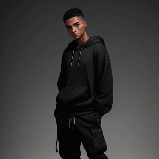 AI generated: capturing a model, man wearing basic hoodie, matte black, dark grey cargo jogger pant, skate shoes, ...