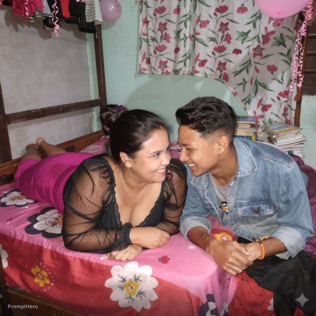 AI generated: Make this couple lying on bed keep the background same as the photo 