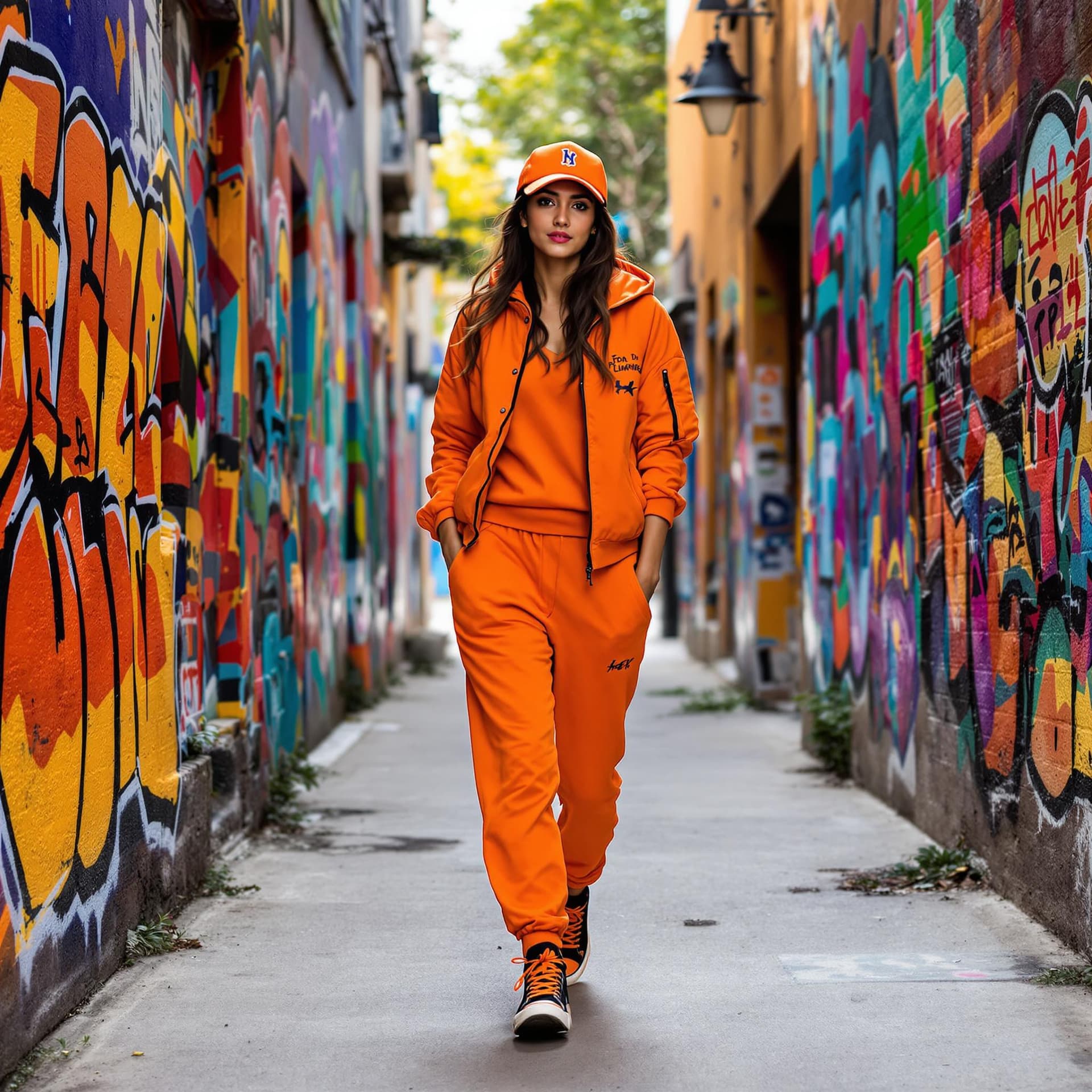 AI generated: A young Indian woman in a vibrant orange outfit, including a hooded bomber jacket, jogger pants, and...