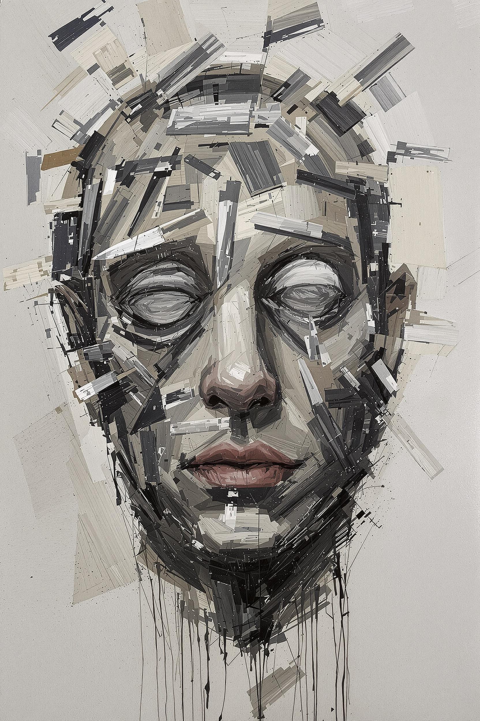 AI generated: artistic, oil painting, face, portrait of man, empty eyes, grainy touch, minimalist avant-garde, ric...