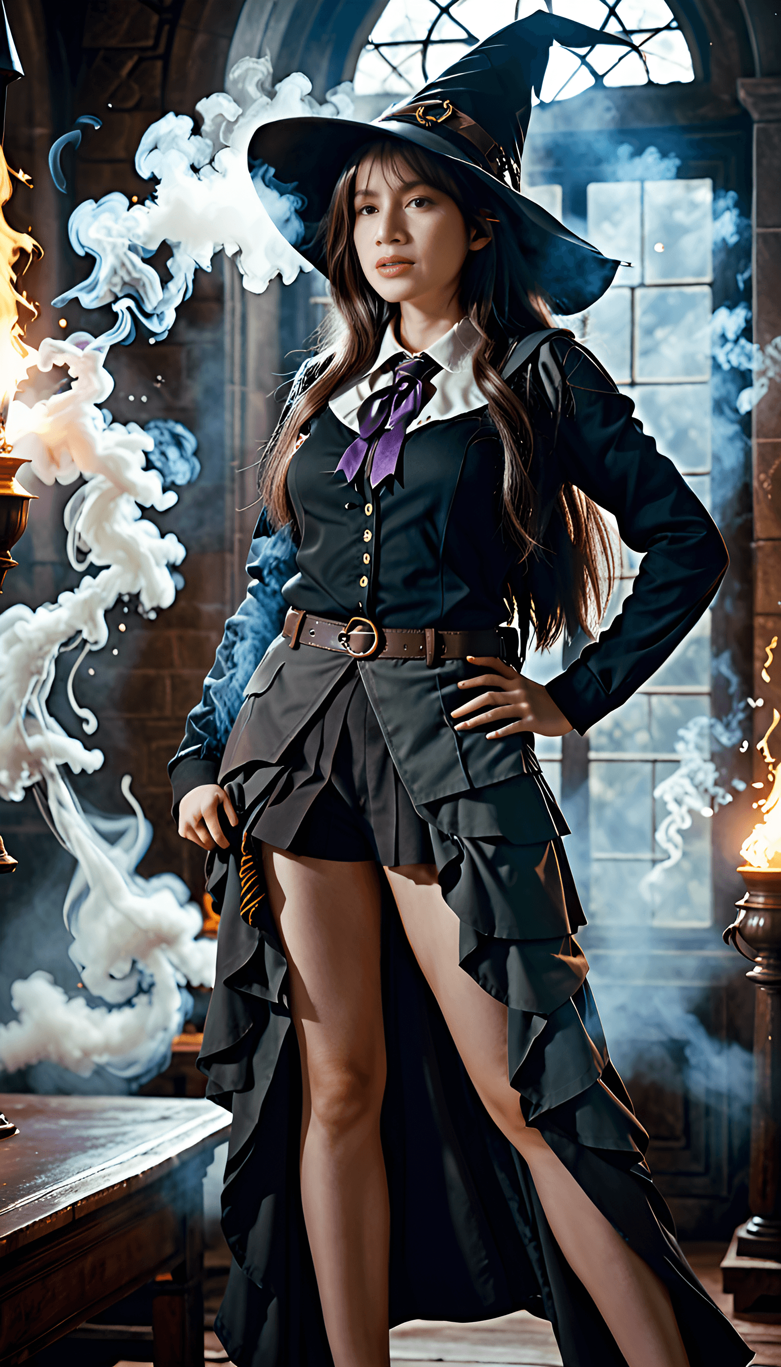 AI generated: rugged man witch wearing magic school uniform, large wide - brimmed witch hat, cinematic, elaborate,...