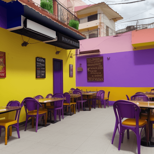AI generated: Pequeño restaurante de color amarillo y morado en las calles de la ciudad de Cali pintoresca america...