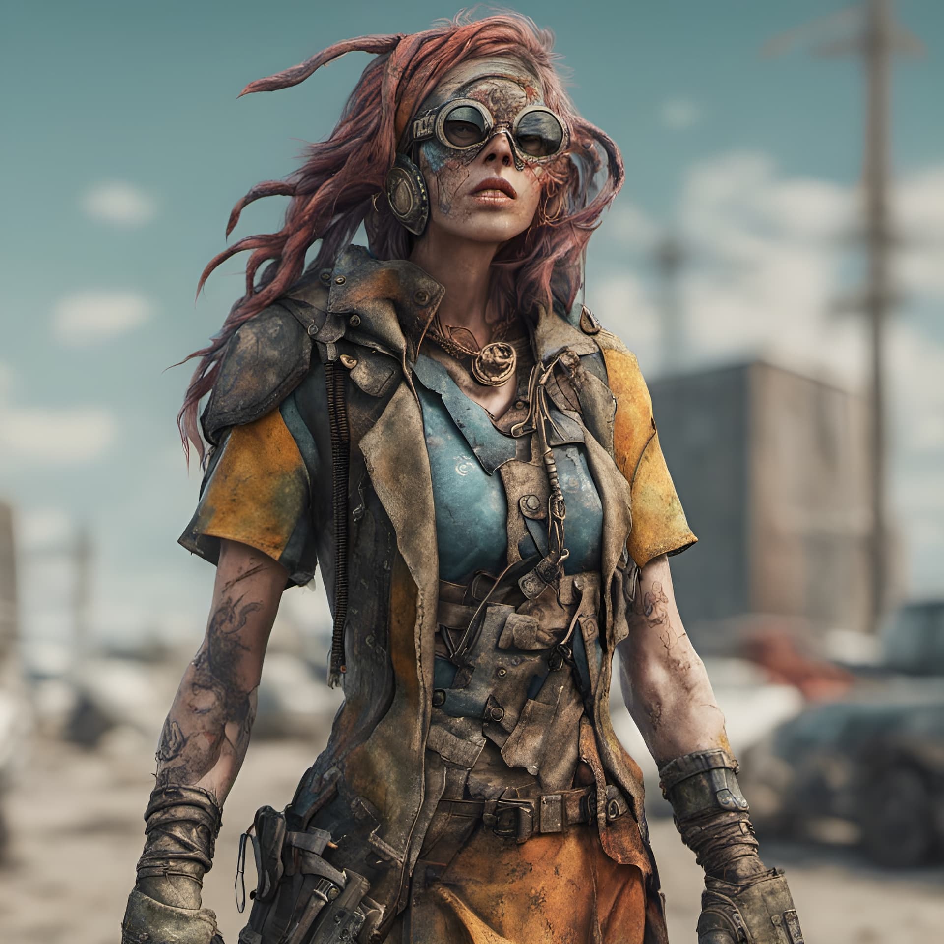AI generated: a 3 / 4 view of a post - apocalyptic mutant sorcerer wearing a dress based in the colors of a vintag...