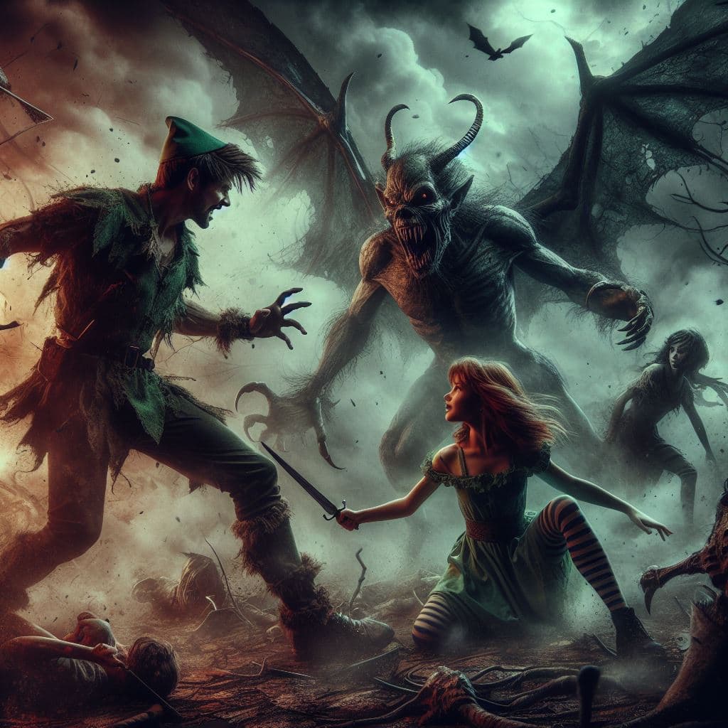 AI generated: heavy nightmare Version Peter pan und wendy , photorealism, fantasy, dynamic lighting, very high det...