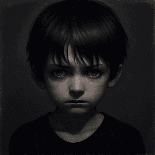 AI generated: Dark image with a sad 5-year-old boy and short hair