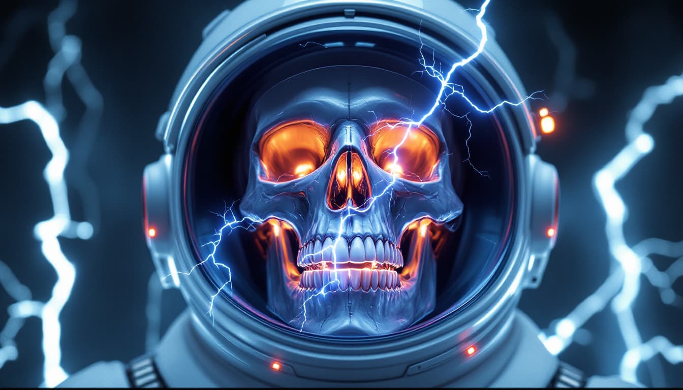 AI generated: astronaut open helmet, human skull, perfect teeth, lightning coming out of the open mouth, futuristi...