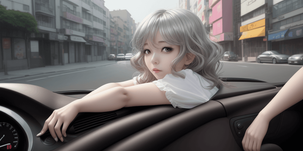 AI generated: a woman leaning in her car on the street, in the style of luminous portraits, charming anime charact...