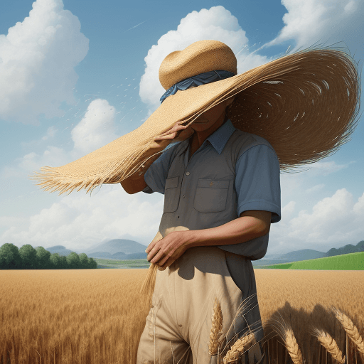 AI generated: Wheat field, a farmer uncle with a straw hat standing in a wheat field, big clouds, blue sky, rice f...
