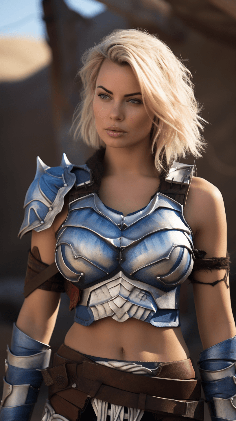 AI generated: ((masterpiece, best quality, detailed)), outdoor arena, wind_lift, margot robbie as a modern gladiat...