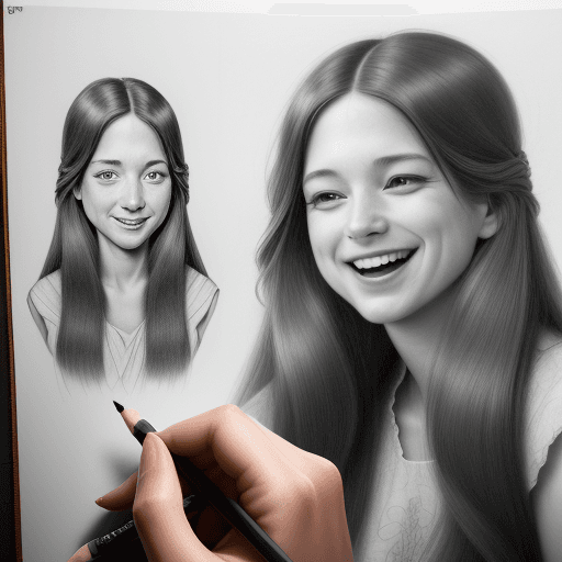 AI generated: a portrait of laughing woman with long hair is drawing in pencil, in the style of hyperrealistic mur...