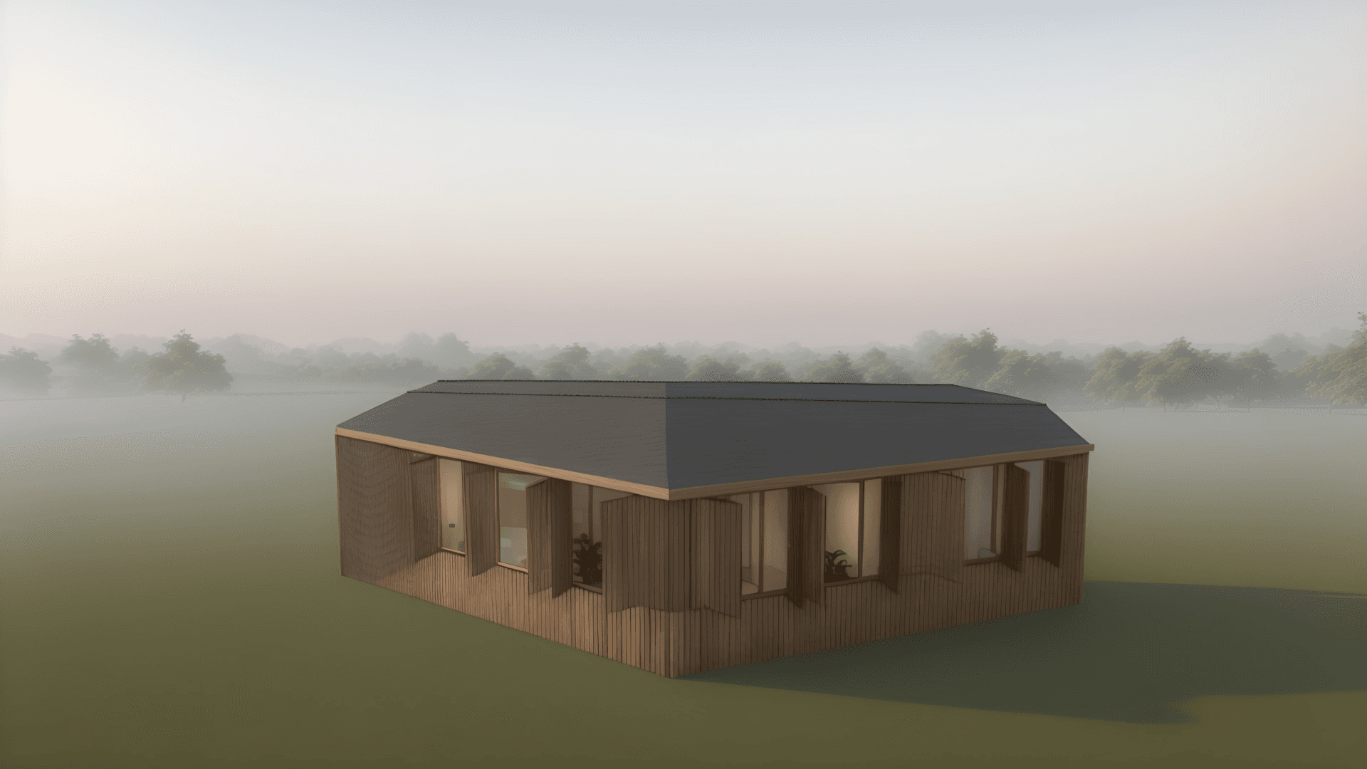 AI generated: a realistic photo of an apartment whose façade is covered by wooden lattice located in a small city ...