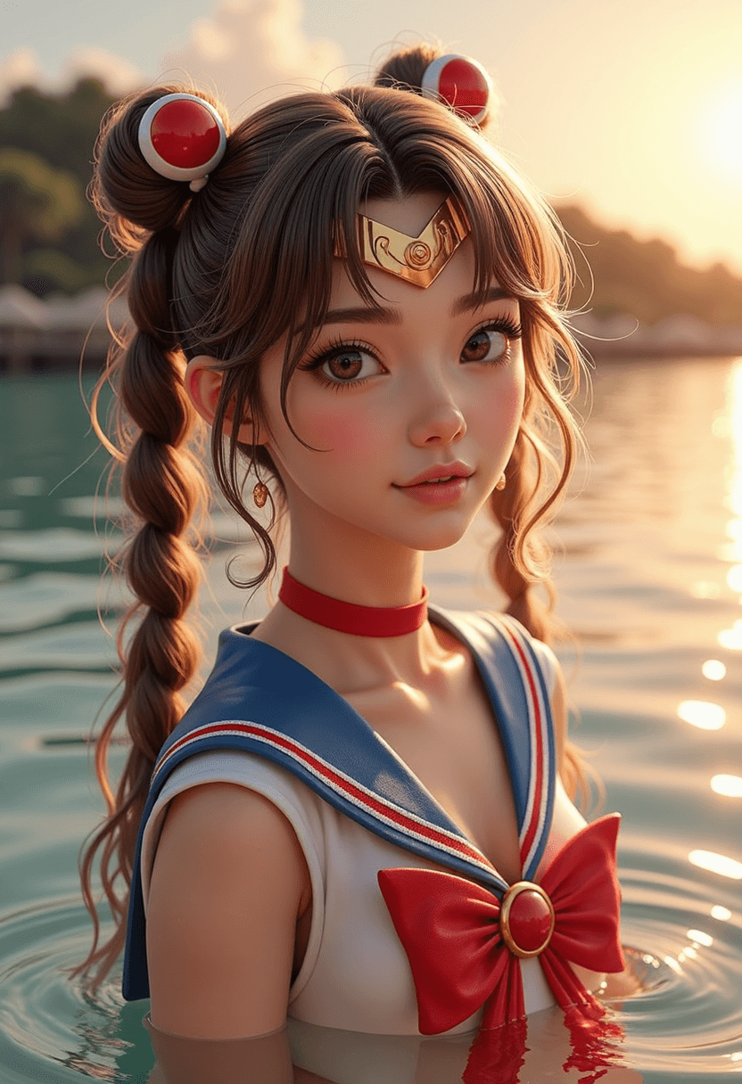 AI generated: professional 3d model sailor moon stands in the water, beautiful korea face, warm atmospheric lighti...