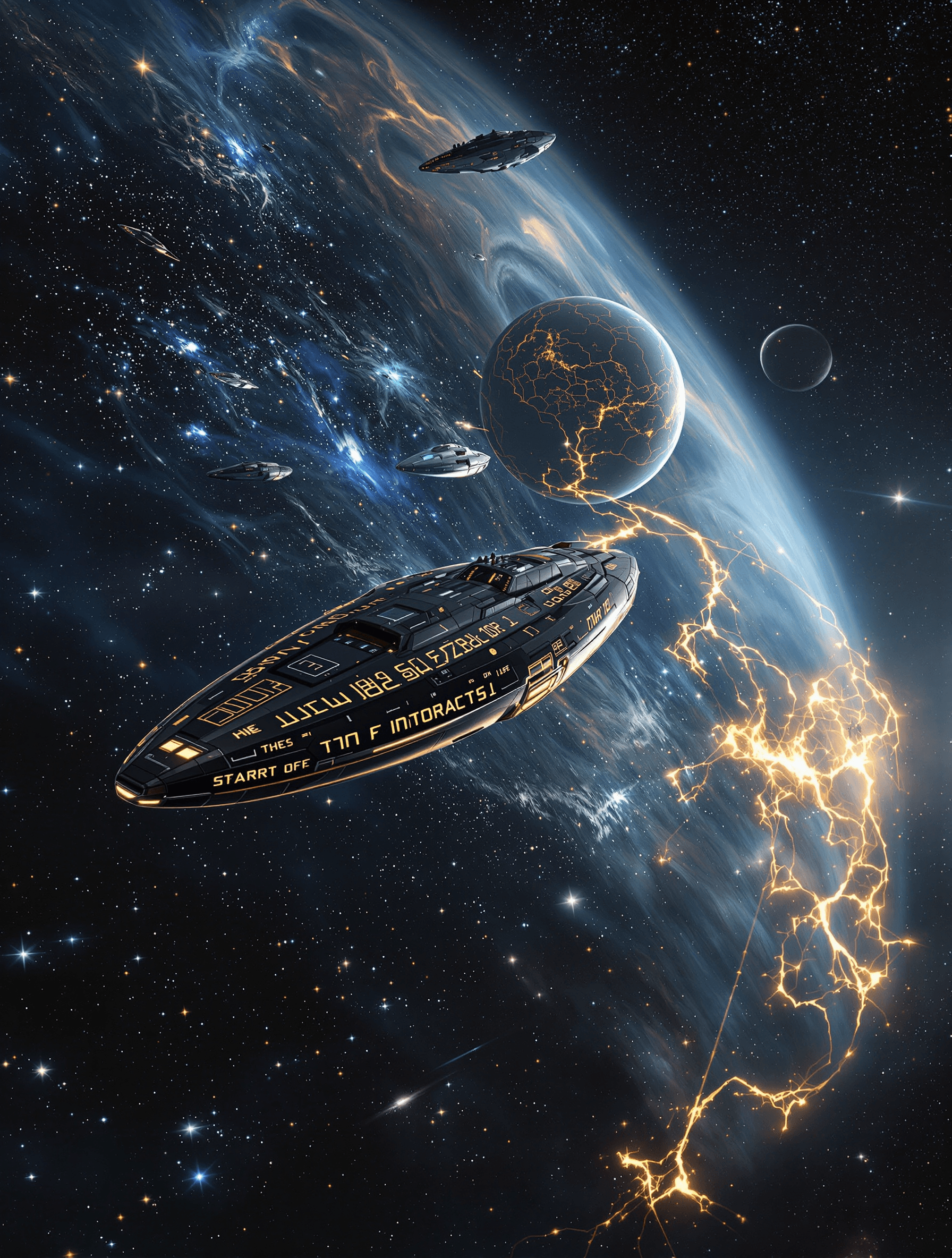 AI generated: A colossal interstellar fleet glides silently through the vast, dark expanse of space. The ships are...