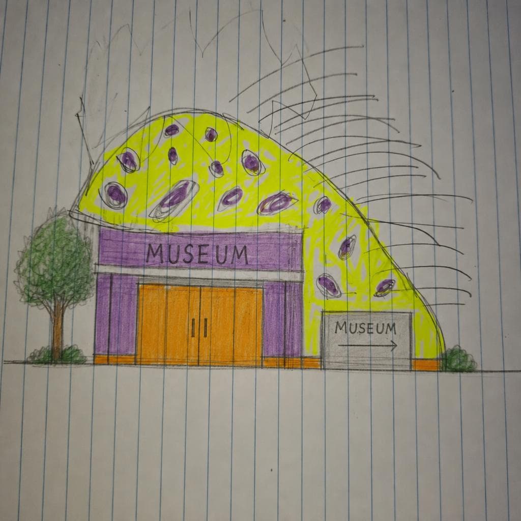 AI generated: Make this sketch building look like the side view of a museum. Keep the lines and geometry of the pi...