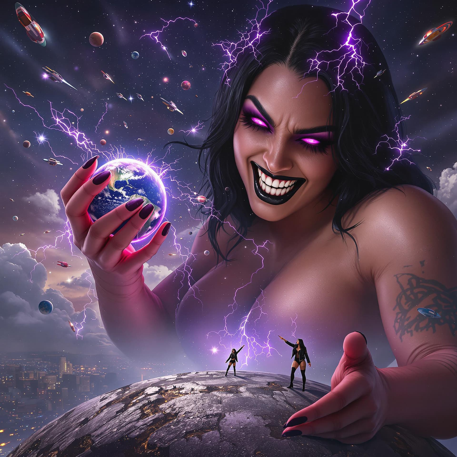 AI generated: enormous giantess female who looks like WWE superstar 
 Rhea Ripley with black medium length hair lo...