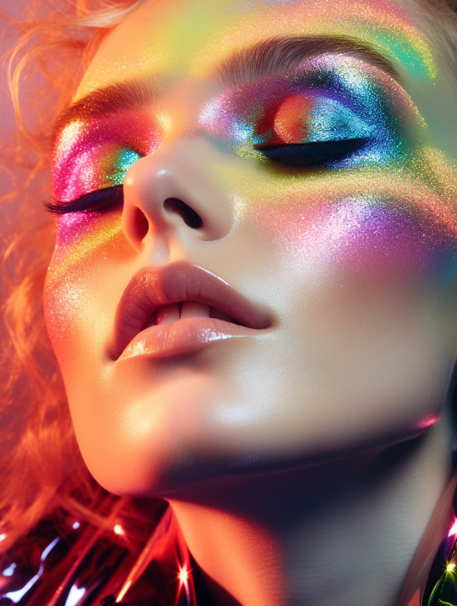 AI generated: a close up of a woman's face with bright makeup, inspired by David LaChapelle, misty neon lights, me...