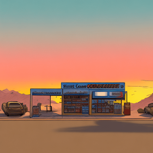 AI generated: Isolated convenience store in the middle of the desert at sunset, car parked outside, lo-fi, nostalg...