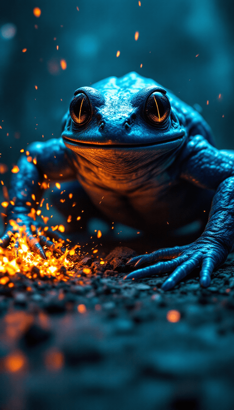 AI generated: terrifying full  shot of an intimidating radioactive atomic BLUe Warrior frog in a laboratory breaki...