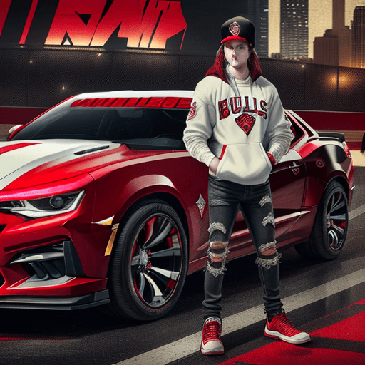 AI generated:  white male with a Chicago Bulls Black and red jacket and a chicago Bulls jersey #23 with a Basketba...