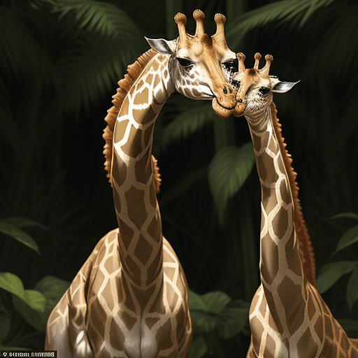 AI generated:  A tall giraffe with a long neck covered in smooth, scaled skin with green and yellow snake patterns...