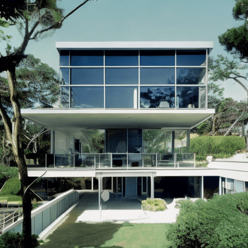 AI generated: hyper realistic eye level exterior photo of a mid century modern style house overlooking the ocean, ...