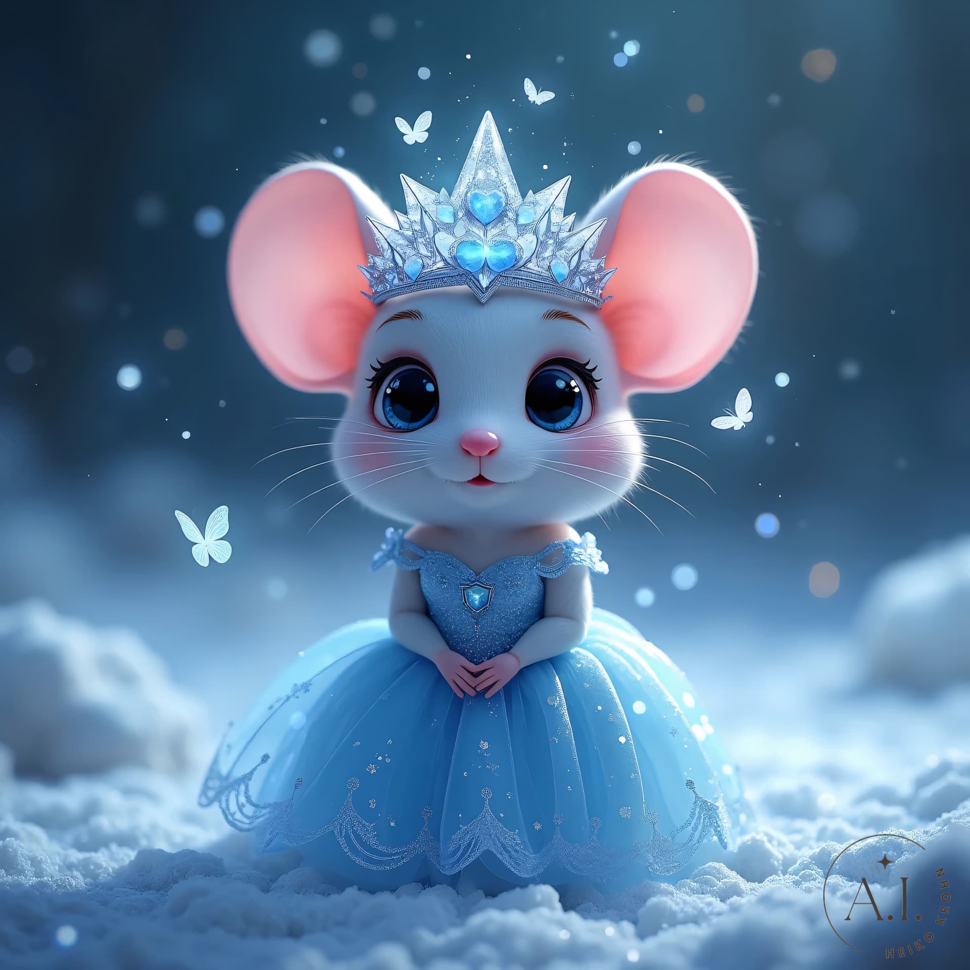 AI generated: A mouse wearing a princess dress and a crown of red ice, the red ice is so cold that it is surrounde...