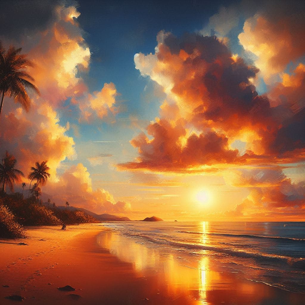 AI generated: A beach sunset view, clear sky, fluffy clouds,4k