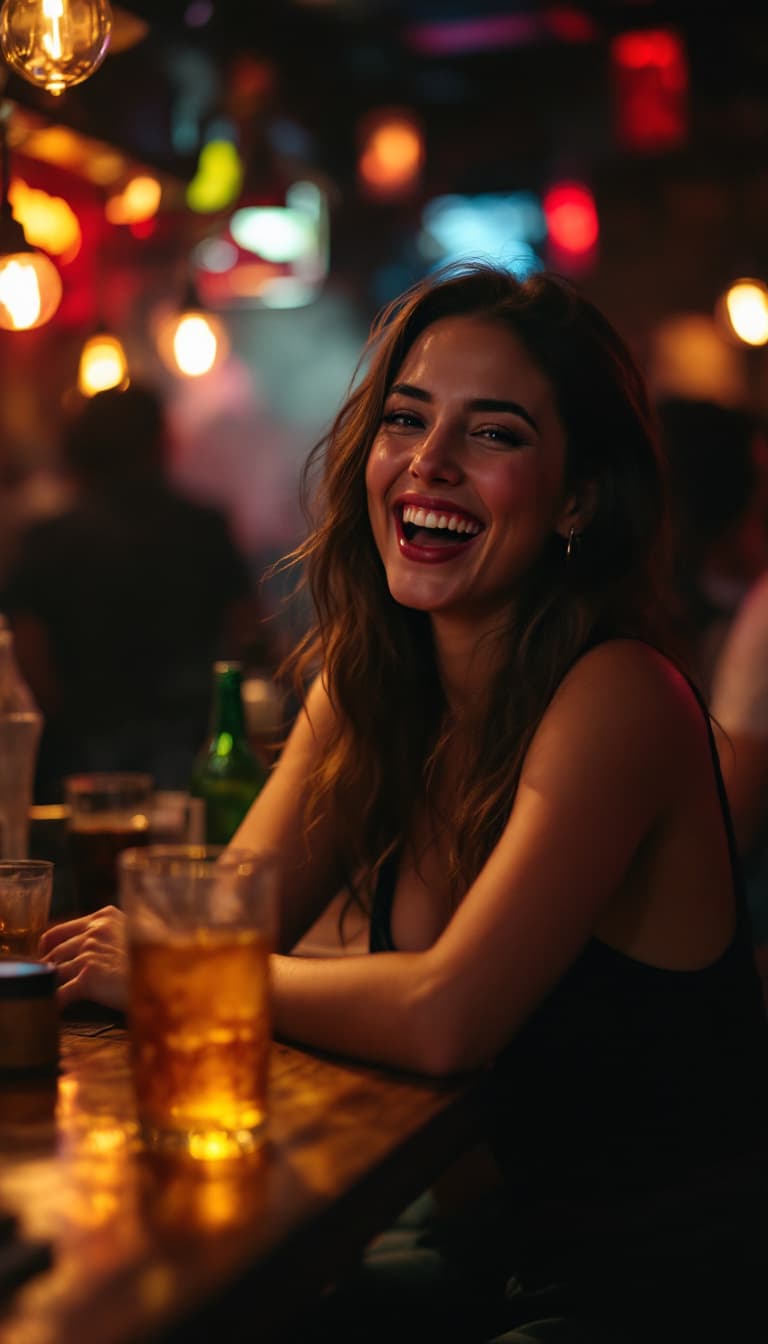 AI generated: drunken 35 years old woman in a bar, ,smokey Atmosphere,beautiful ,full body,laughting,party scene