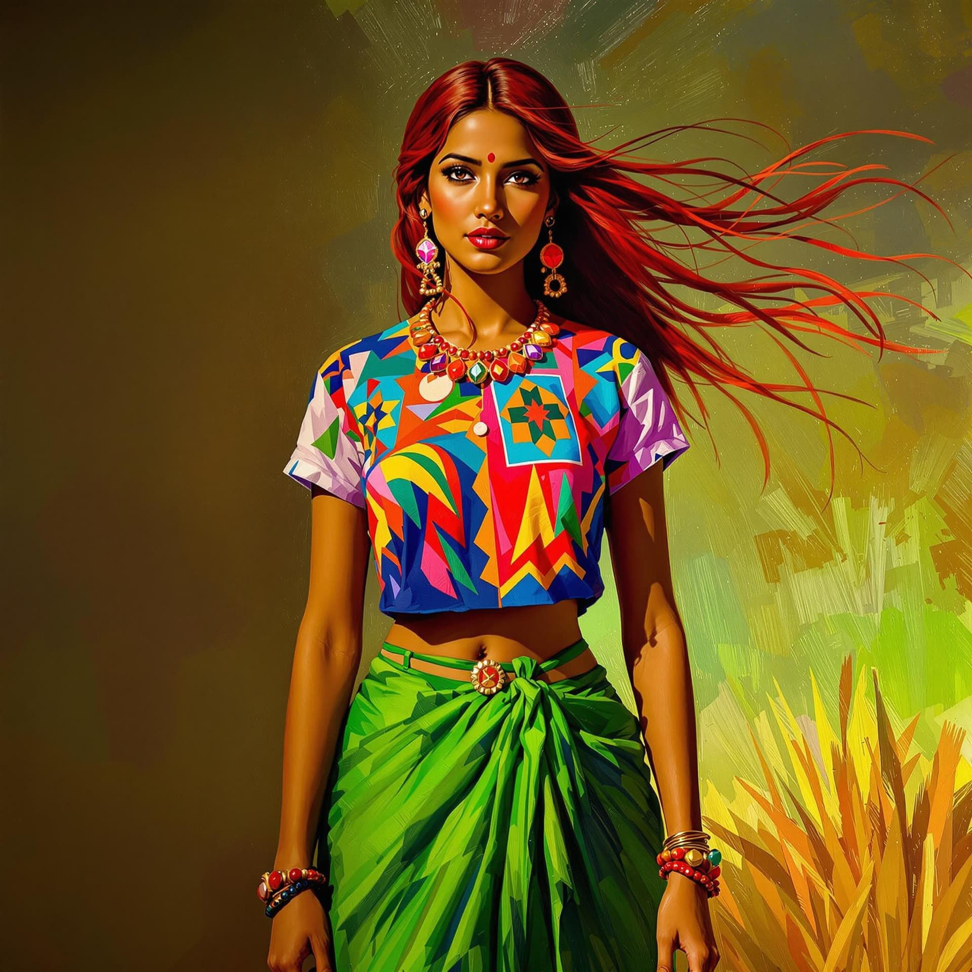 AI generated: The image features a painting of an Indian woman with red hair, wearing a colorful shirt and green s...
