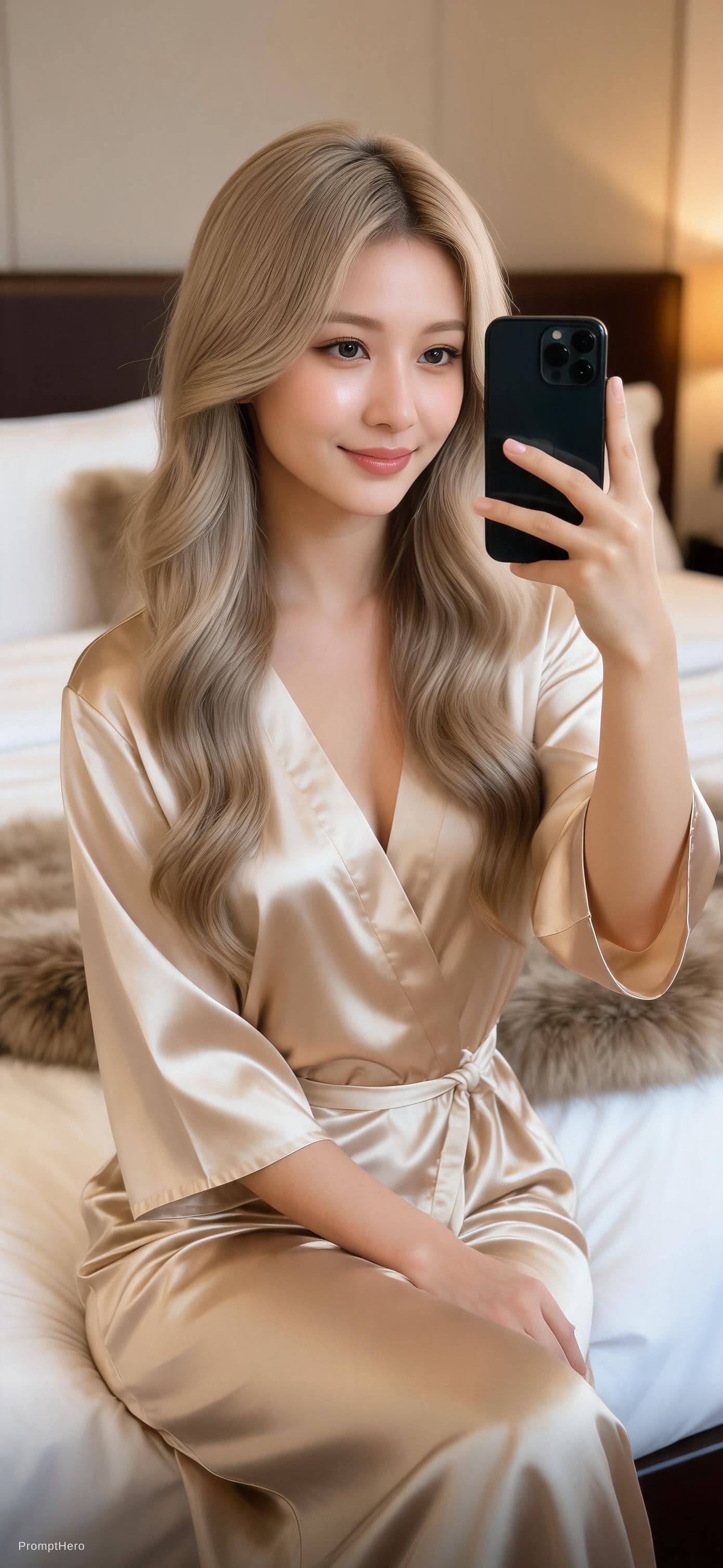 AI generated: A photorealistic selfie-style image of Ciri 30 years old woman with glowing skin, long wavy hair, an...
