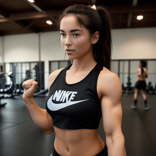 AI generated: hot girl in gym, non explicit, with string tanga, showing her nike t shirt, background people watchi...