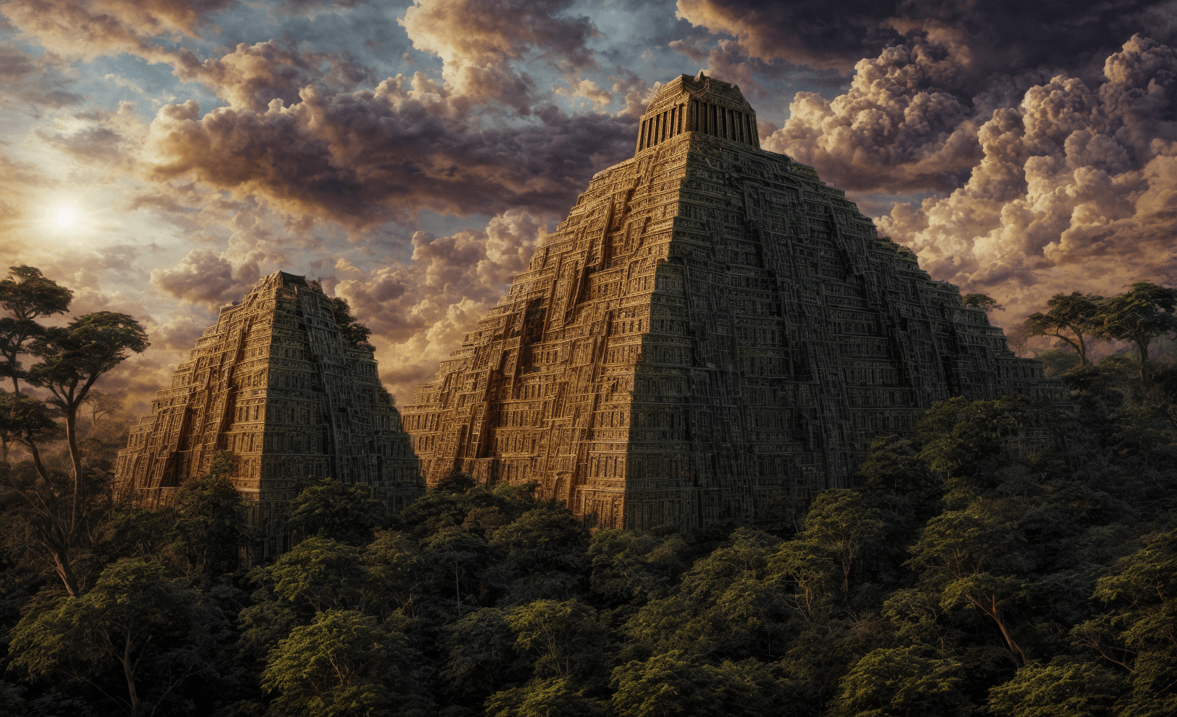 AI generated: Majestic overgrown ziggurat in the heart of a post-apocalyptic jungle, shimmering with mysterious en...