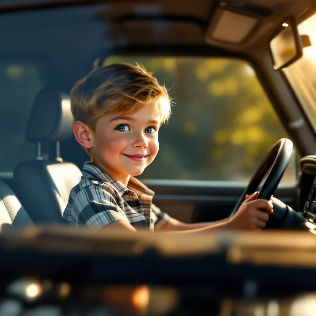 AI generated: A cute little boy (age 5-7) with neatly combed blonde hair, bright blue eyes, wearing a casual strip...