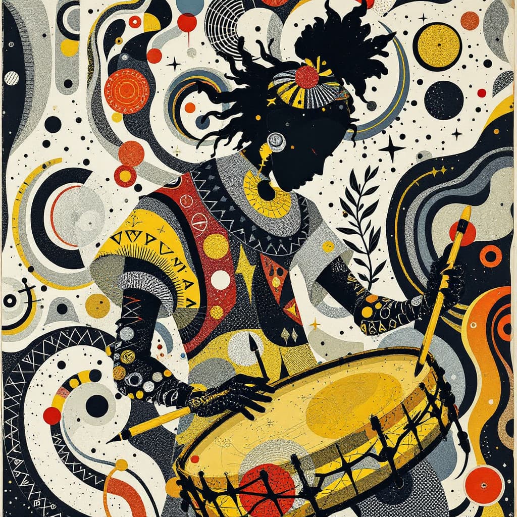 AI generated: a poster depicting a player with a drum, in the style of maximalist, americana iconography, black ar...