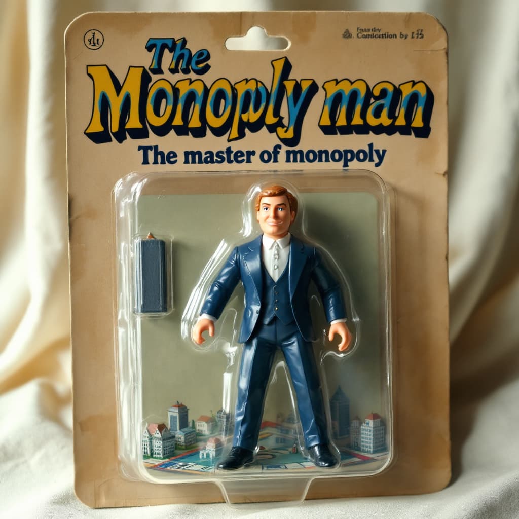 AI generated: A photograph of a vintage-style blister pack containing a "The Monopoly man" action figure. The card...