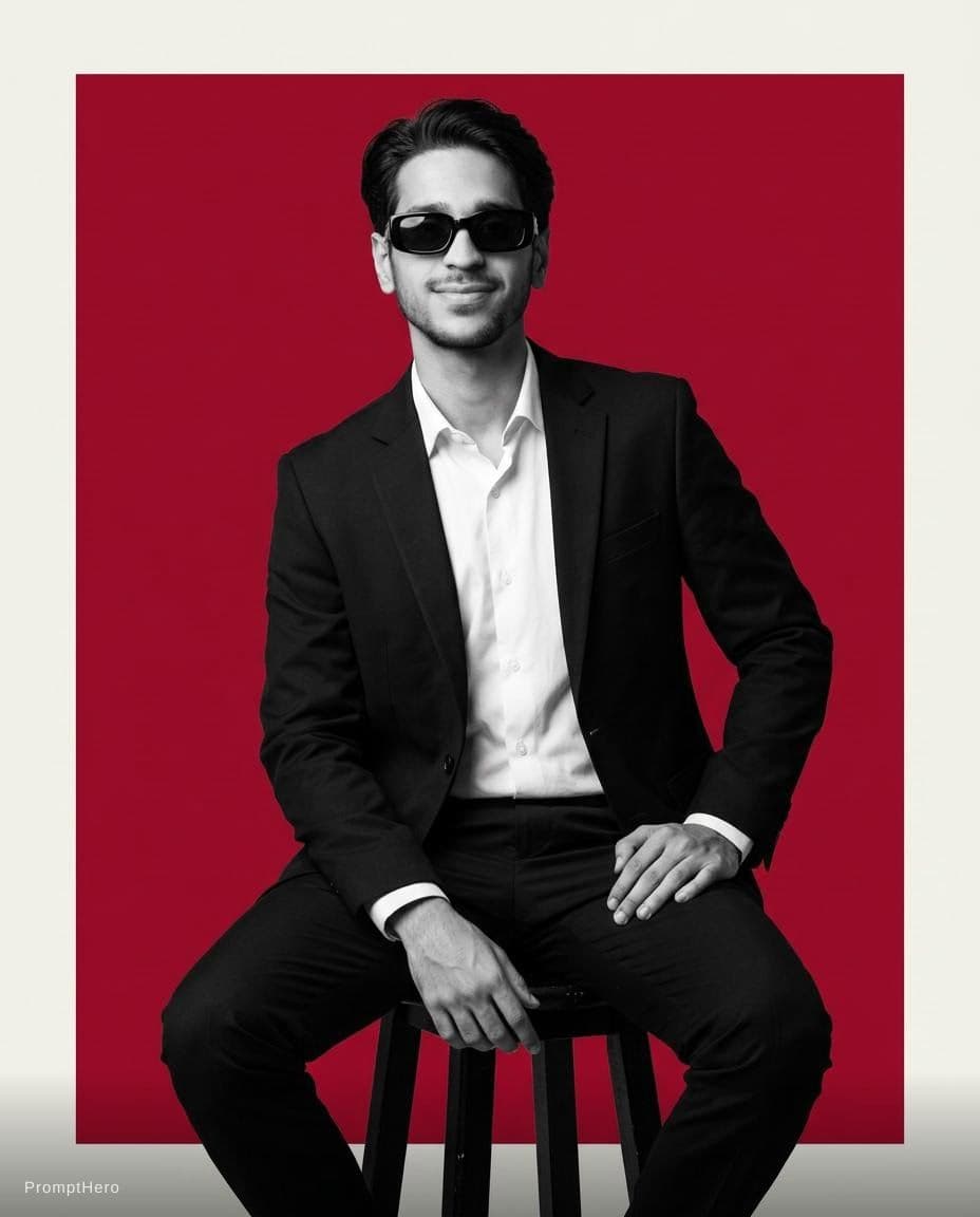 AI generated: Create a photorealistic, high-fashion editorial portrait of a stylish man seated confidently on a si...