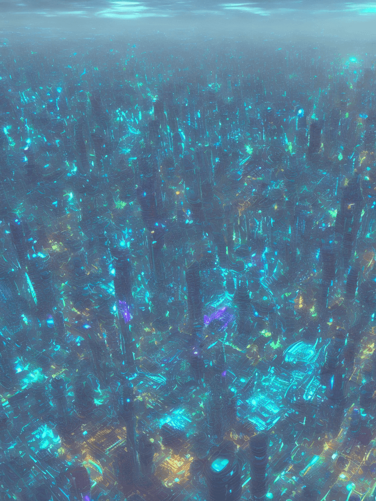 AI generated: bioluminescent futuristic city, birds eye view --ar 3:2 --chaos 100 --stylize 1000 --v 4 --q 2