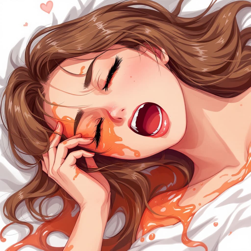 AI generated: waifu with brown hair, moaning anime, crossed-eyed, pleasured face, opened eyes, juice on face, hot

