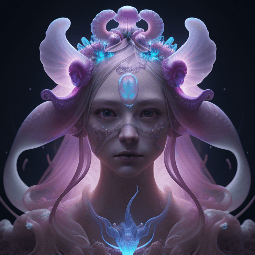 AI generated: Goddess close-up portrait ribcagel. jellyfish phoenix head, nautilus, orchid, skull, betta fish, bio...