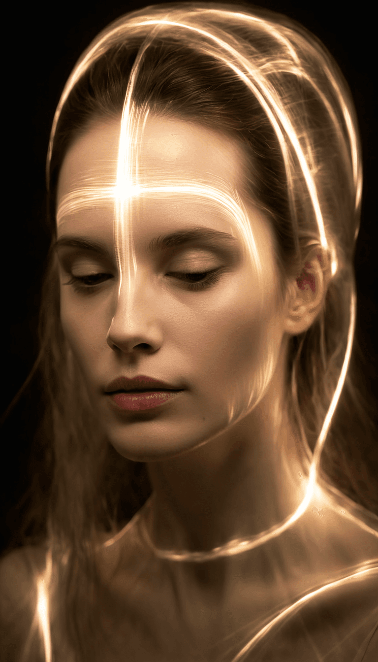 AI generated: digital art, fashion editorial, a close up lightpainting woman portrait, light drawing at long expos...
