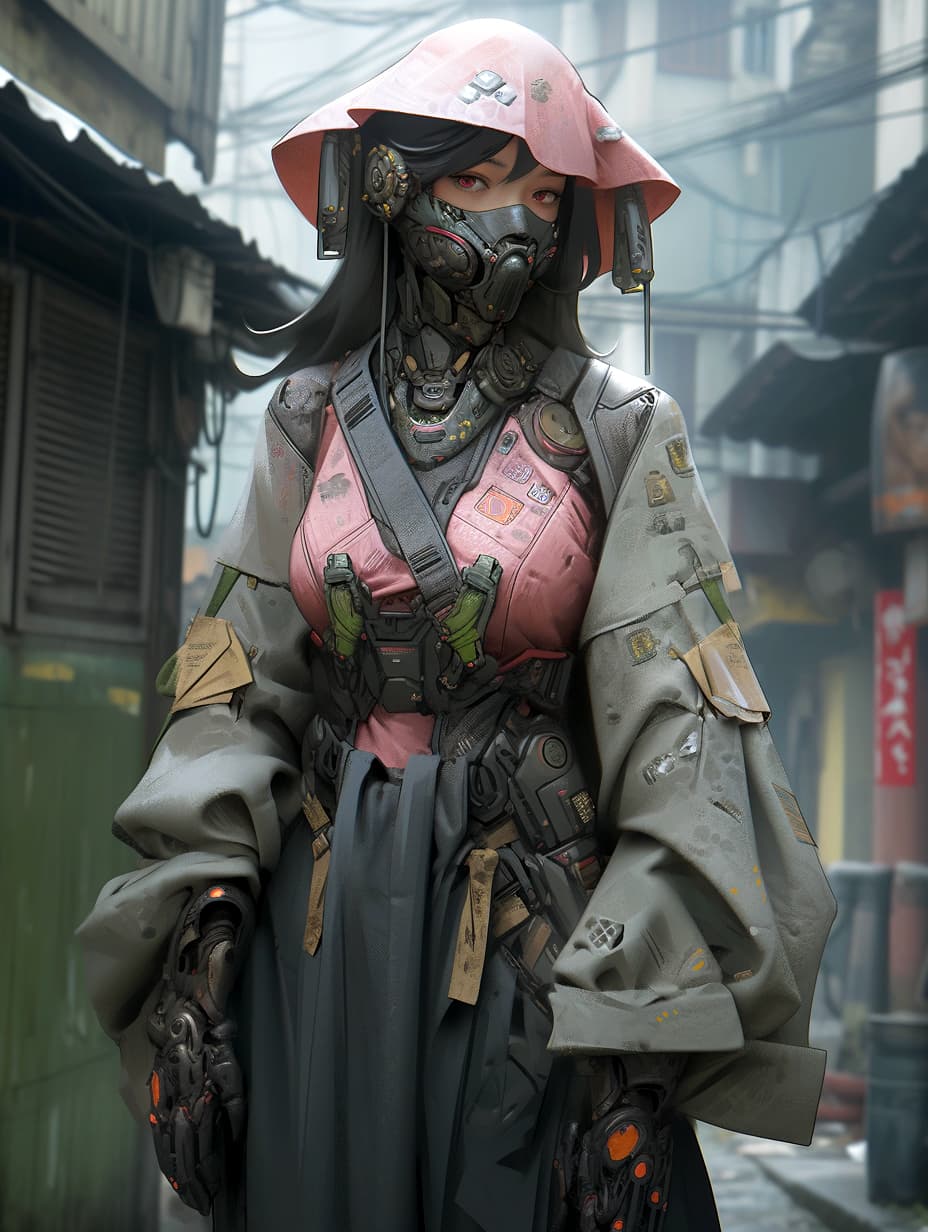 AI generated: Japanese female android in dystopian attire on a desolate street, overcast, ruins, cinematic, 32k,--...
