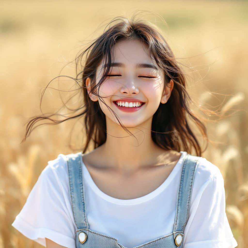 AI generated: Full body photo of an Asian girl, wearing a white short-sleeved top and denim shorts, smiling with h...
