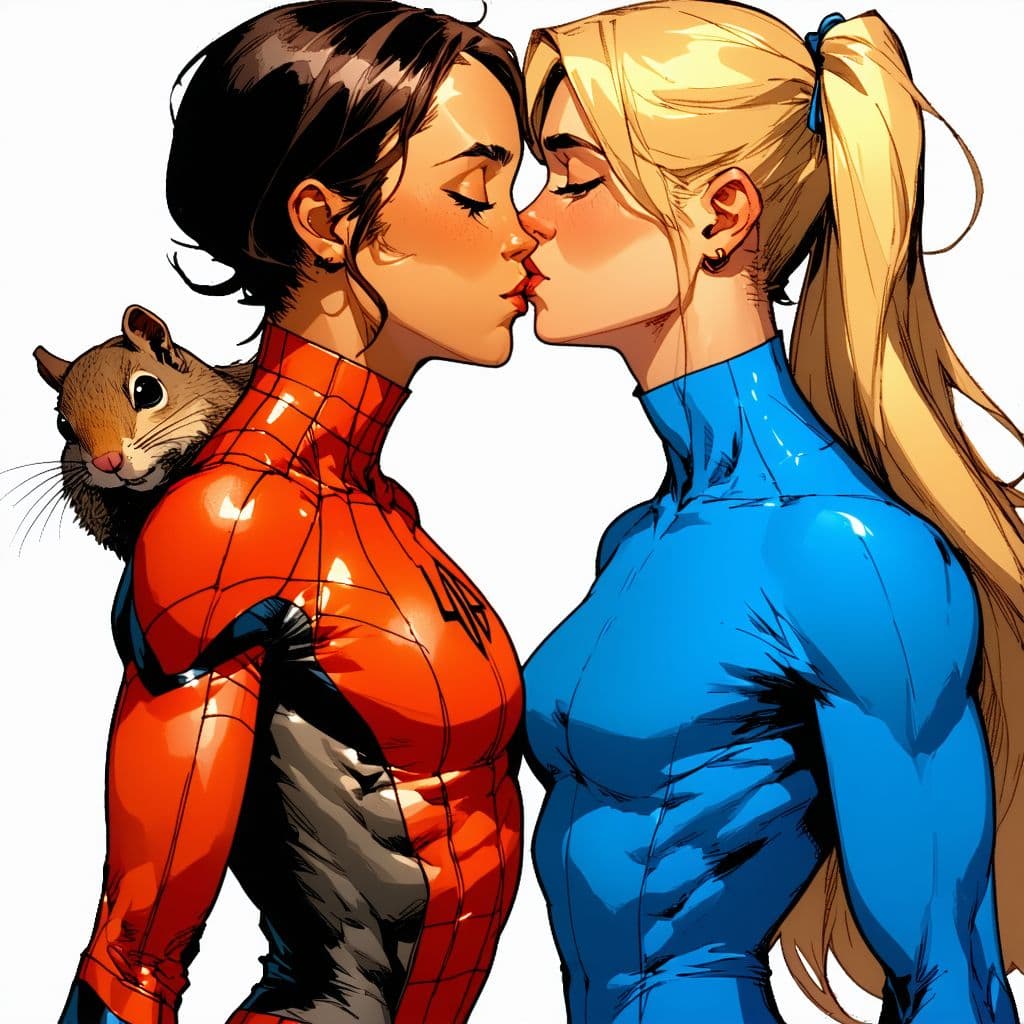 AI generated: Jessica Alba anime style, wearing invisible woman suit from fantastic four. Kissing squirrel girl fr...