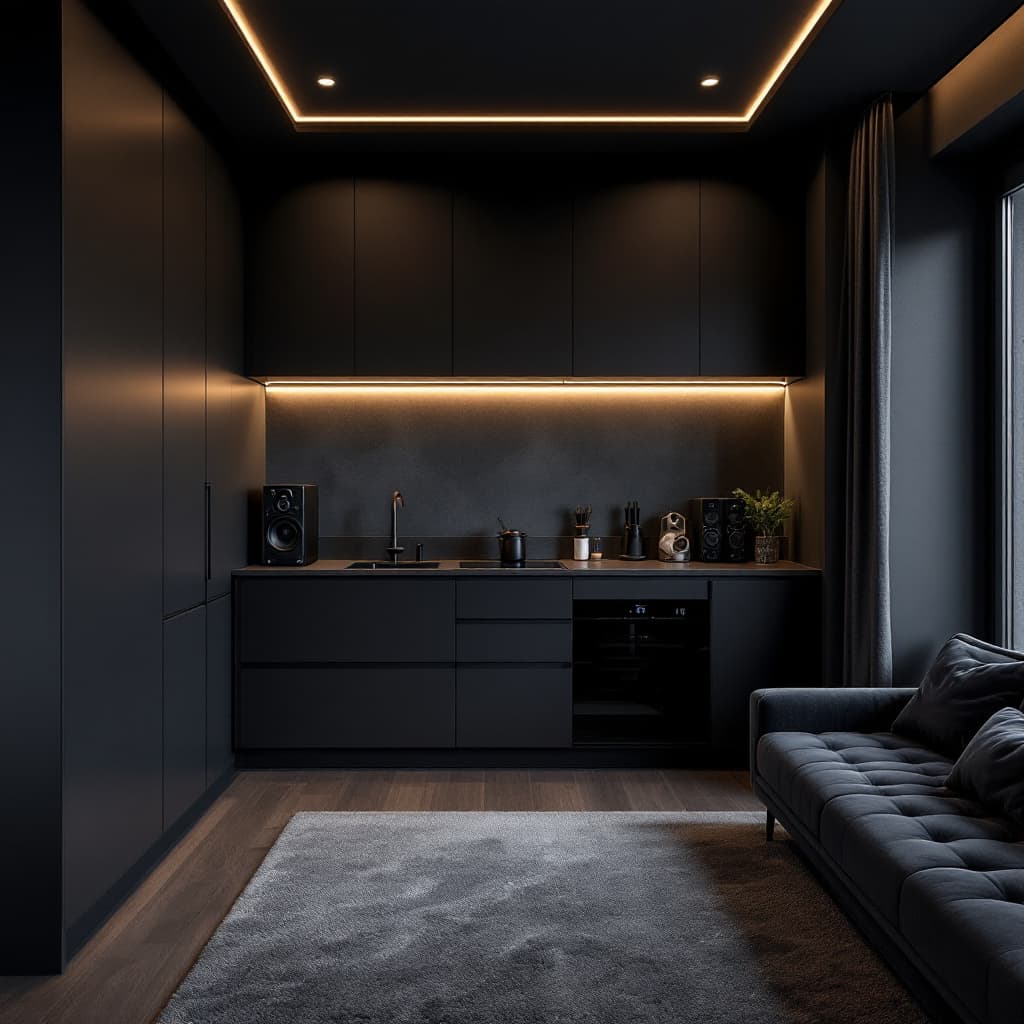 AI generated: A stylish dark-themed studio apartment, 8m x 5m. Matte black kitchen, dark grey walls, modern lighti...