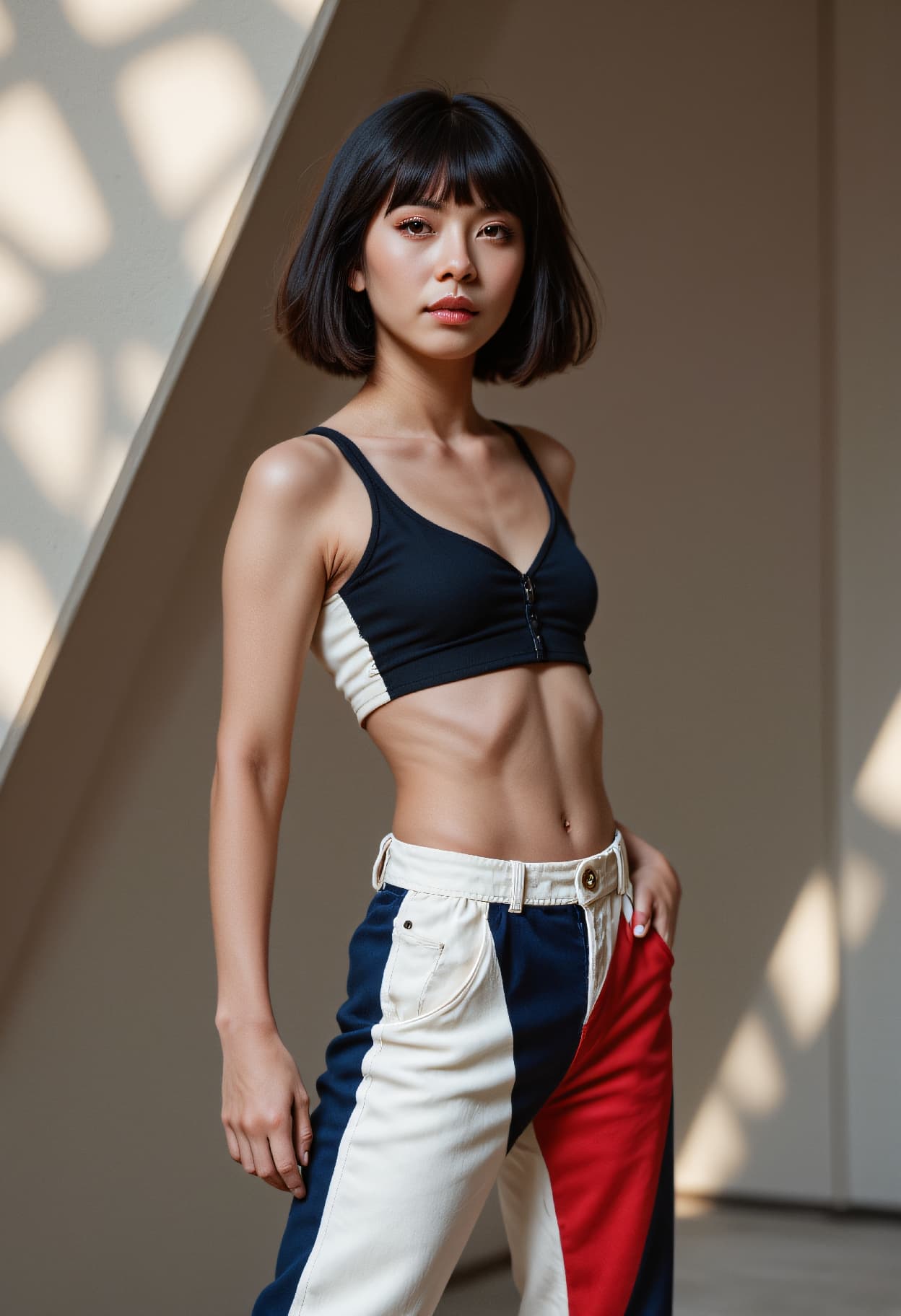 AI generated: architectural photography, Constructivist Fashion close up on face photo of a 24-year-old Dani-Sotho...