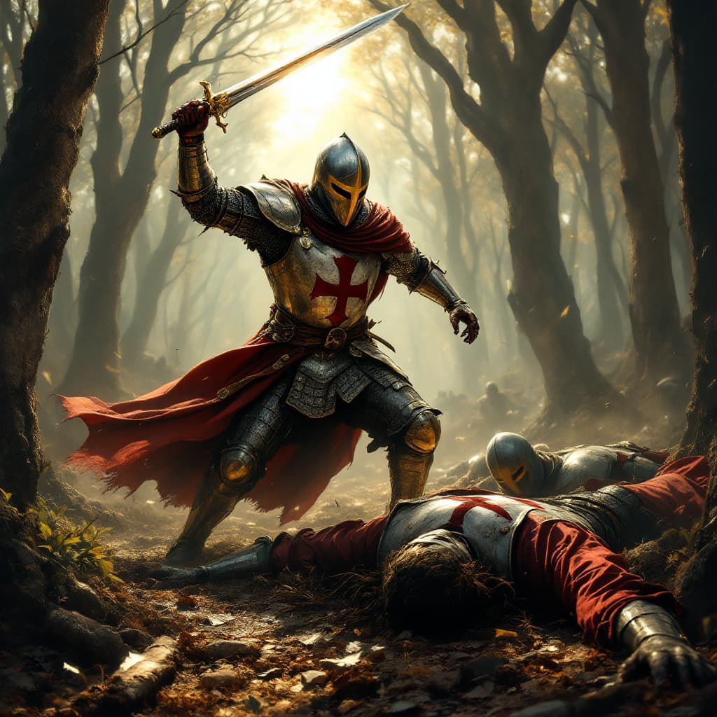 AI generated: Templar knight, wielding his sword, which has a resplendent flash of the sun, fighting the enemy, wh...