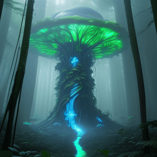 AI generated: A vertical view of an alien jungle, where massive glowing trees with blue and green bio-luminescent ...