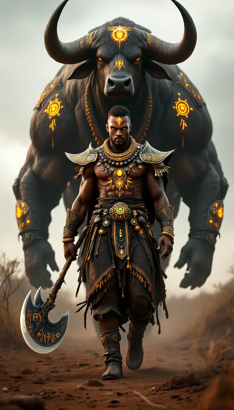 AI generated: An ultra-realistic, wide angle, front facing, full-body portrait of a skilled African Beastmaster, d...