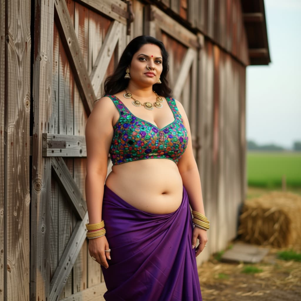AI generated: An artistic full-length portrait of a fair, full-figured Indian wife standing near a rustic barn. Sh...