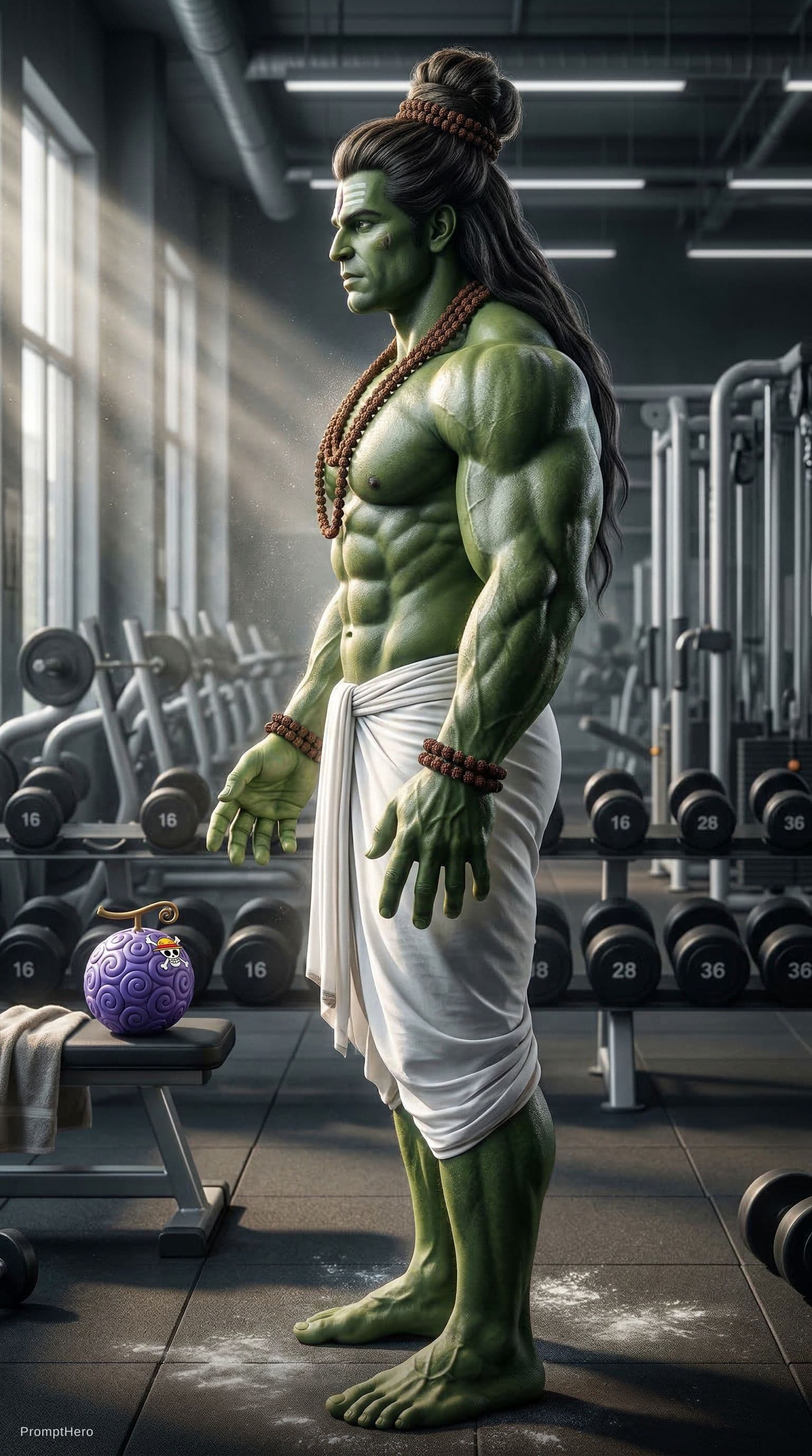 AI generated: Hulk but Lord Shiva, Indian mythology, one piece character, symmetric muscular body, full body, side...
